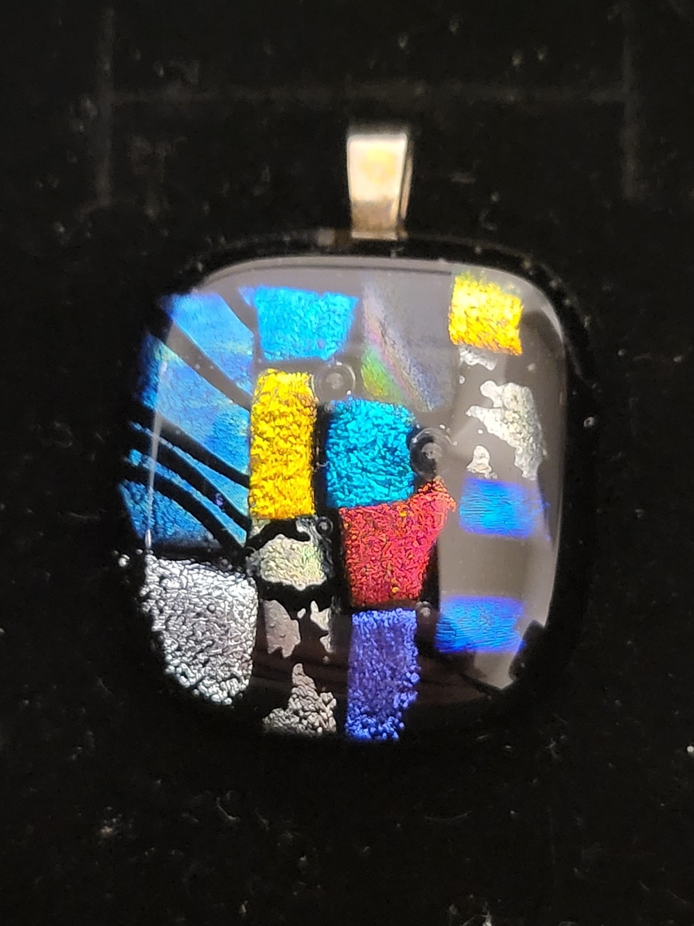 Dichroic Fused Glass Pendant. Black. Retro